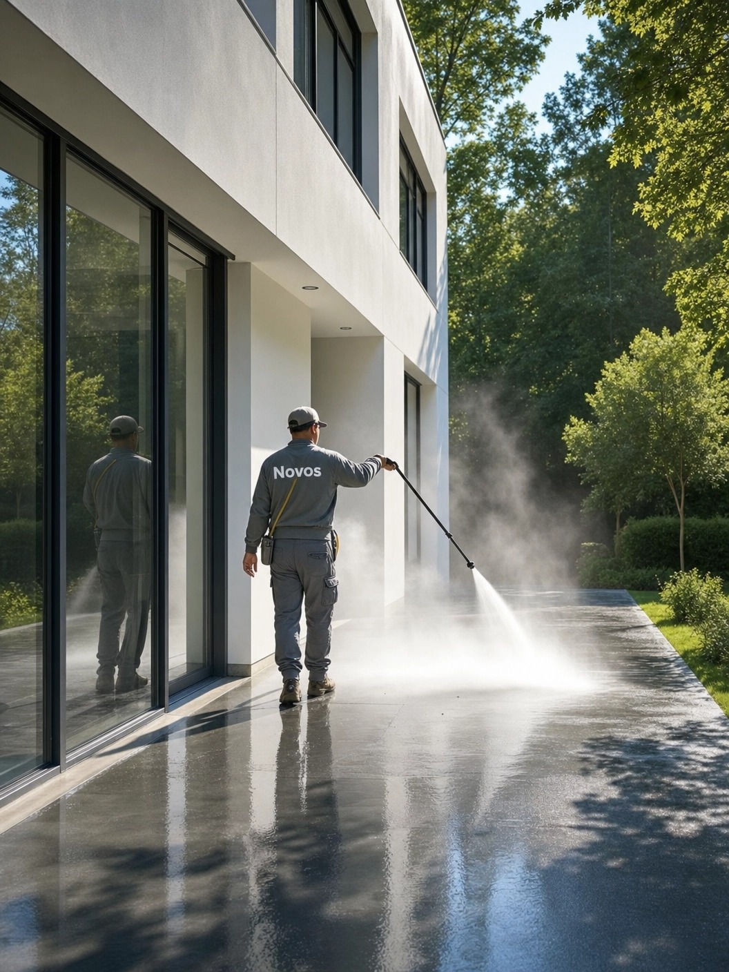 Novos Washing technician pressure-washing a residential driveway